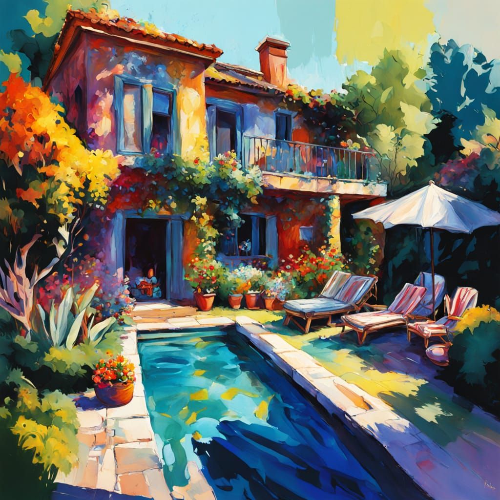 Impressionist House with Pool in Gouache Style