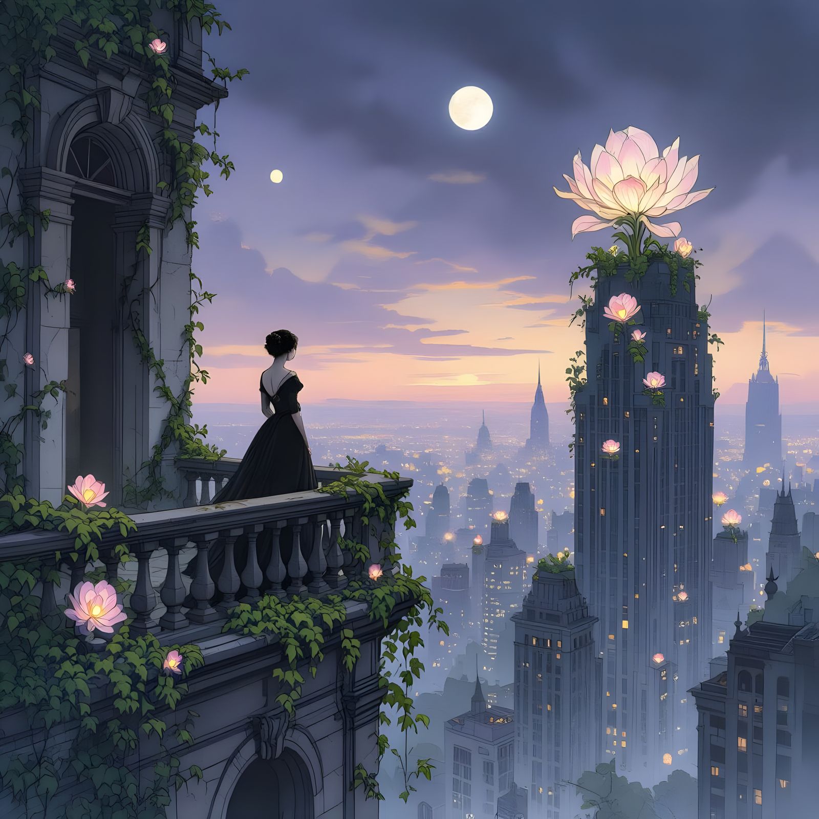 Woman on Overgrown Skyscraper Balcony at Twilight