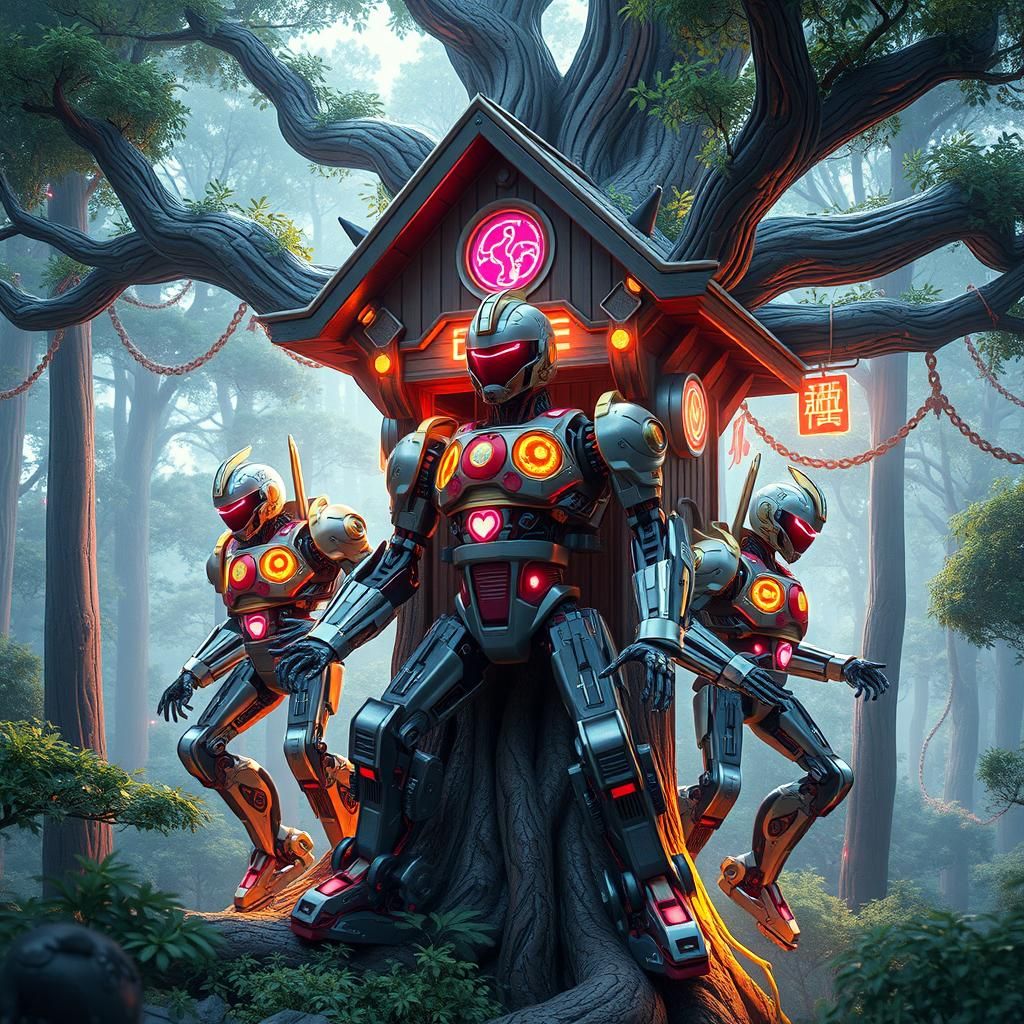 Anime Robots in Futuristic Treehouse: 8K Digital Art