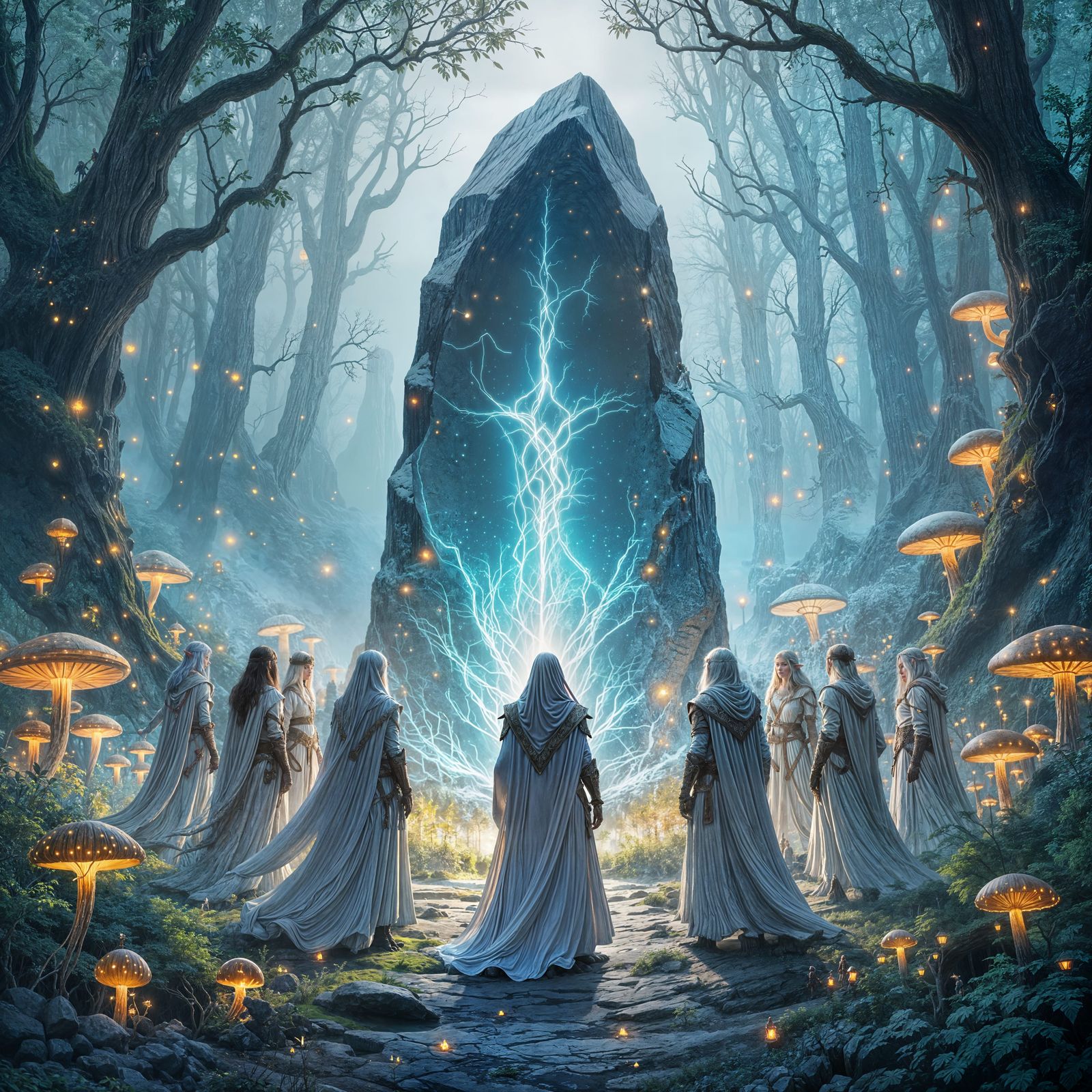 Elves Surround Glowing Monolith in Enchanted Forest