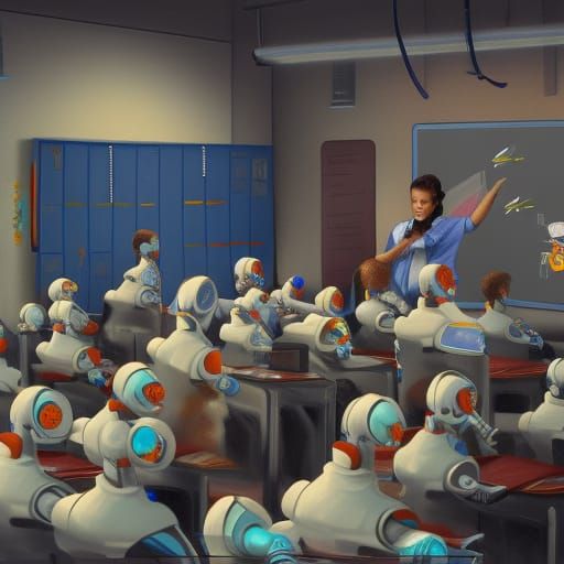 Cyborg Robot Teacher in Hyper-Detailed Classroom