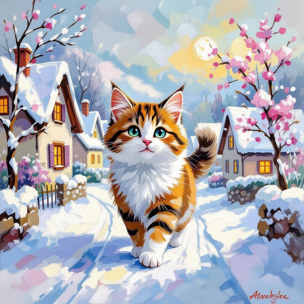 Cute Cat Through Dreamy Village in Watercolor Style