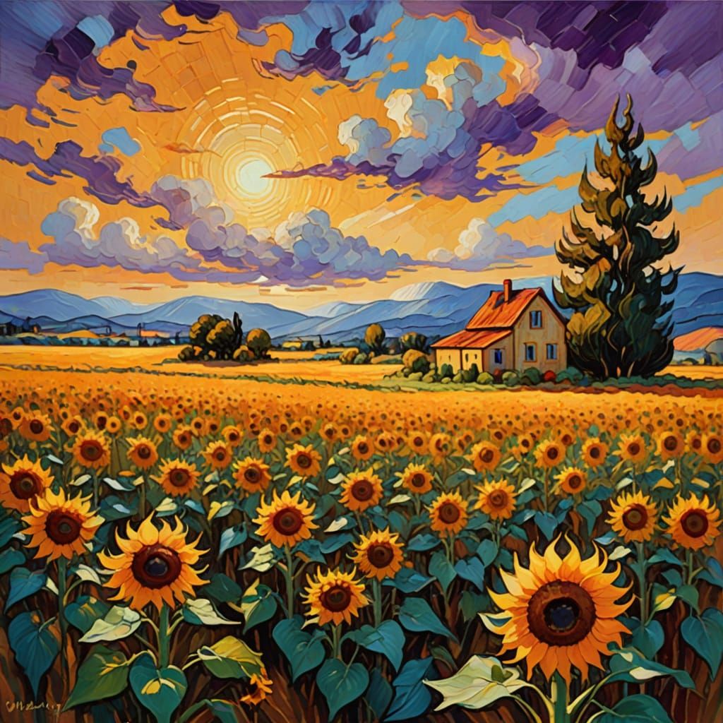 Vibrant Sunset Landscape in Post-Impressionist Style
