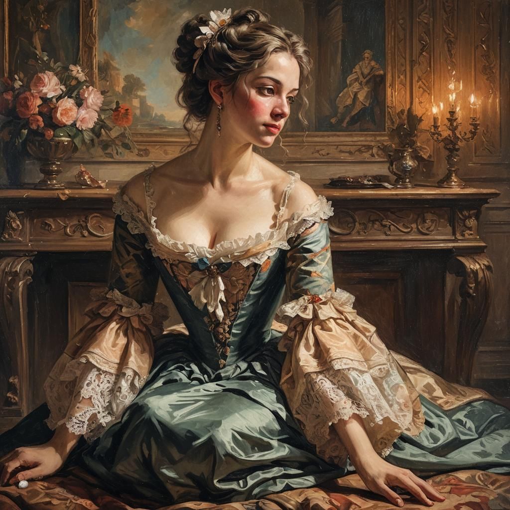 Elegant Woman in 18th Century Style Oil Painting