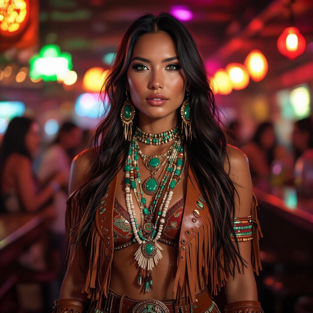 Native American Woman in Vibrant Los Angeles Nightclub