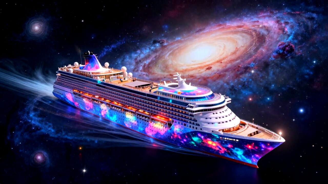 Futuristic Cruise Ships in Cosmic Galaxy Holographic Art