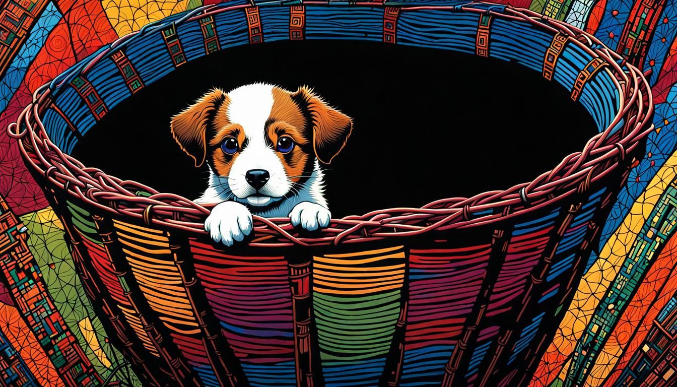 Puppy's Descent: Wood Engraving in Hellish Cave