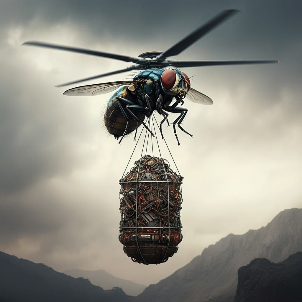 futuristic giant fly in the look of a transport helicopter that transports a heavy load on a steel cable,
fine visible m...