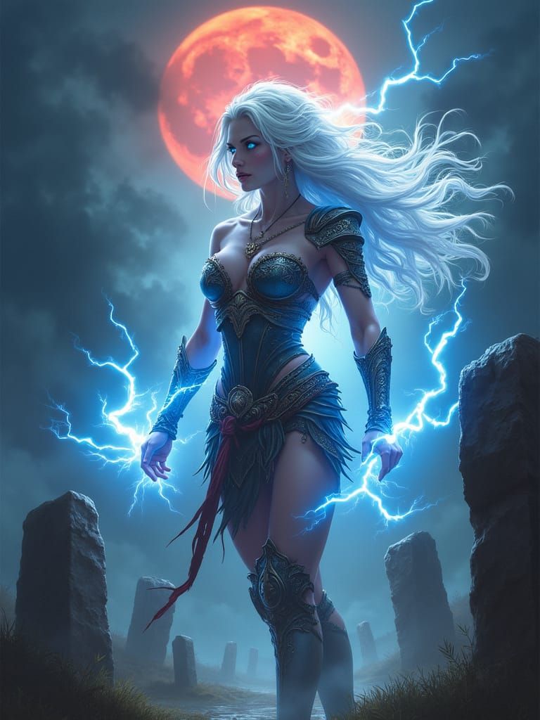 Regal Albino Warrior Amidst Ancient Standing Stones