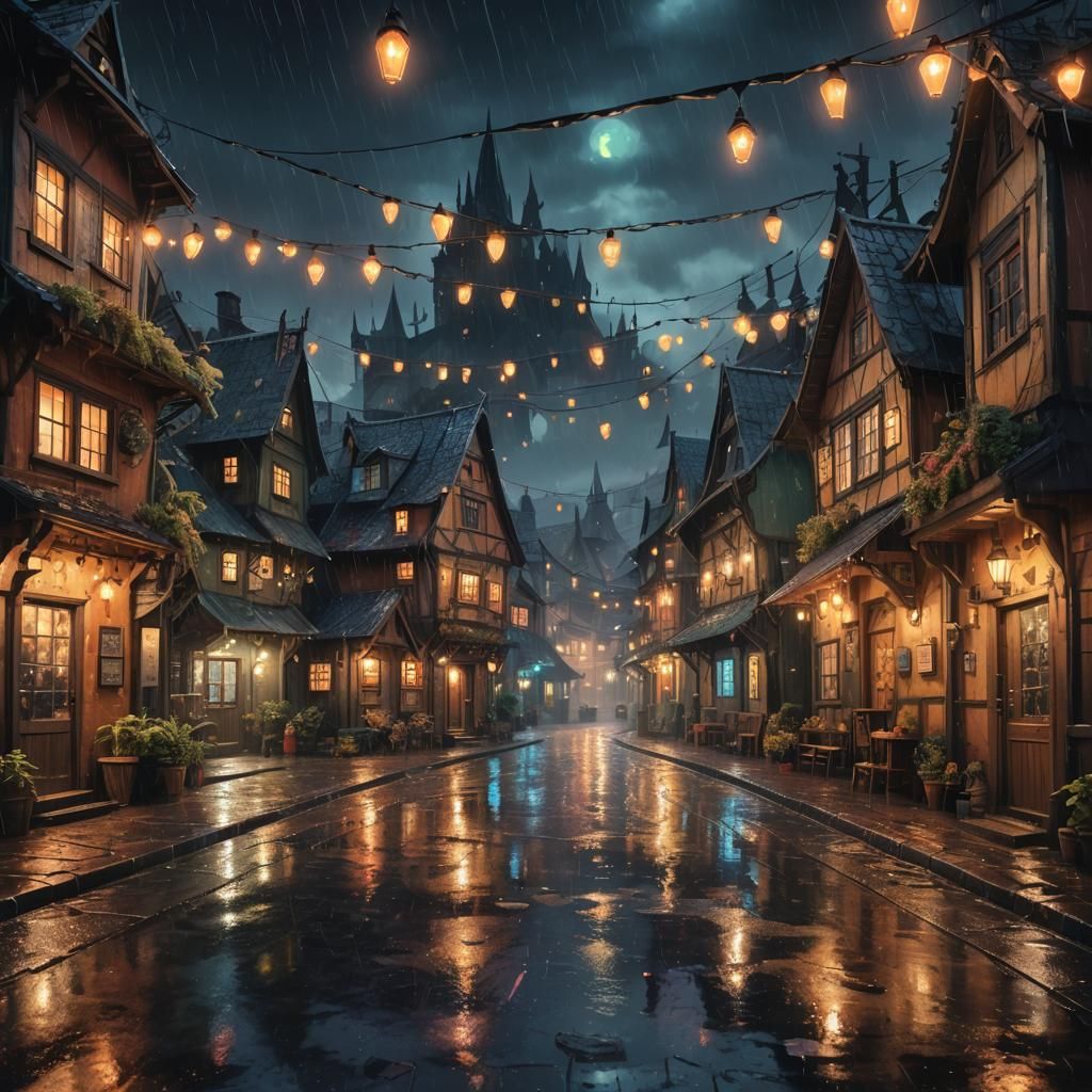fantasy rainy dark town with a castle in the background