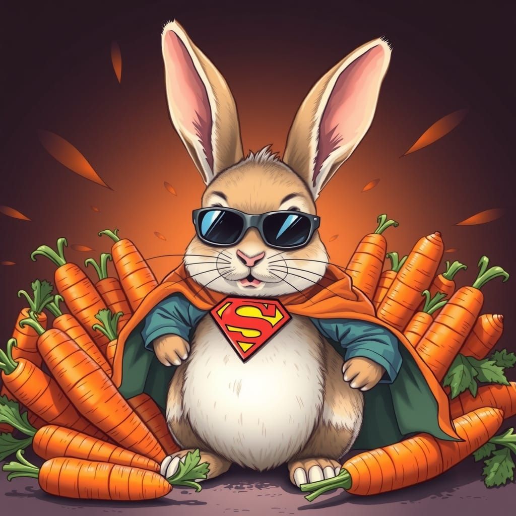Cute Superhero Rabbit Amidst Carrots in Comic Book Style