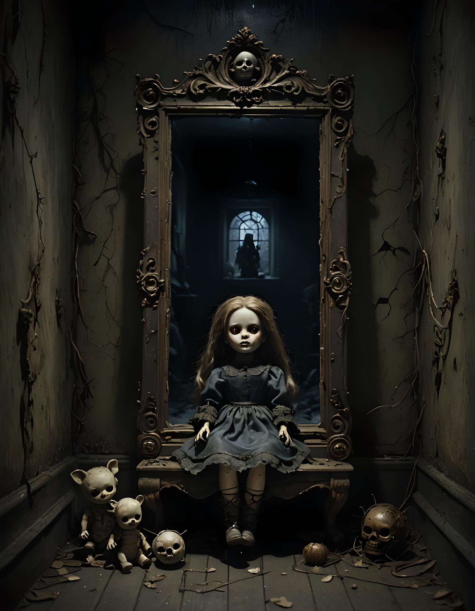 Dark Fantasy Doll in Gloomy Hallway