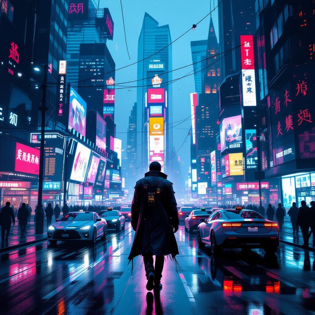Dystopian Metropolis: Lone Figure in Neon Future