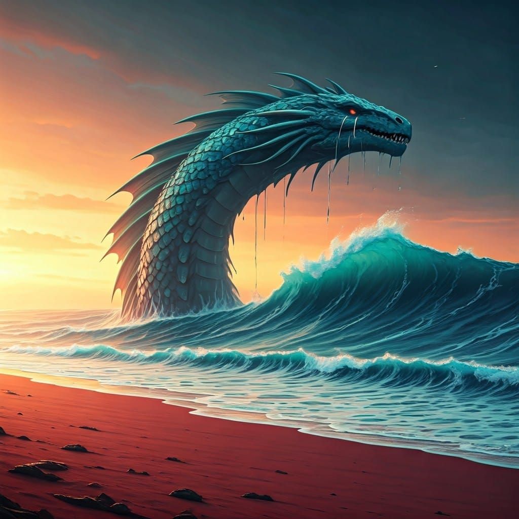 Colossal Red Beach with Cyan Sea Monster