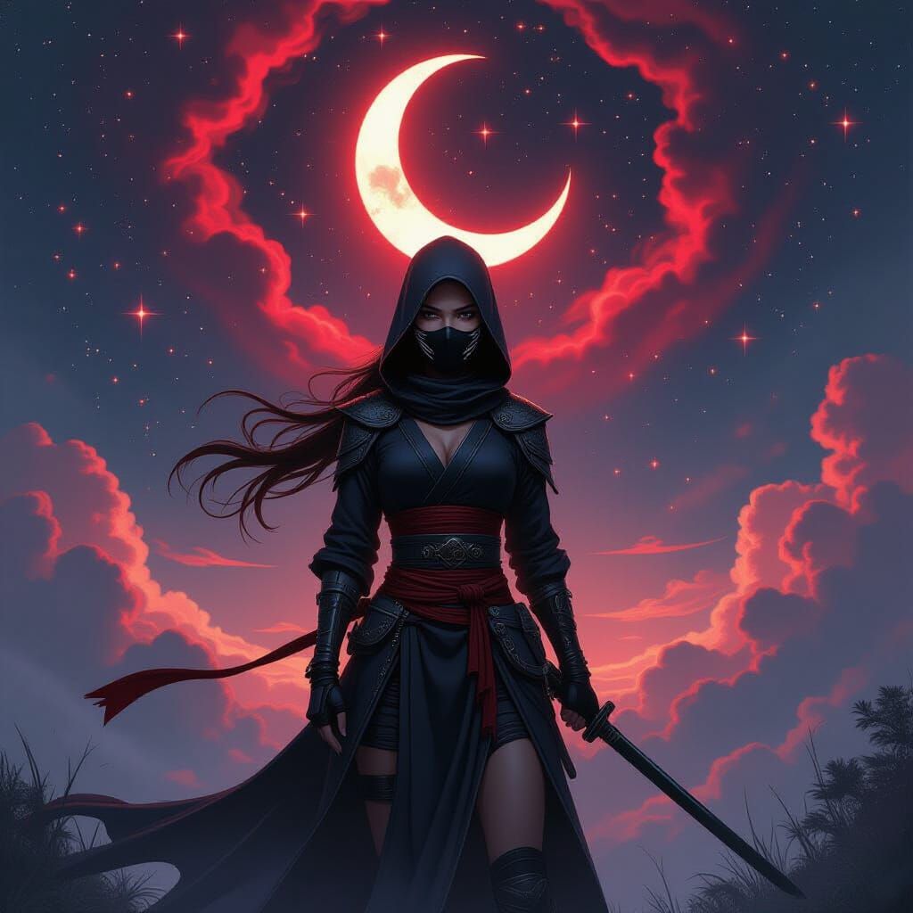 Fantasy Ninja Under Swirling Constellations