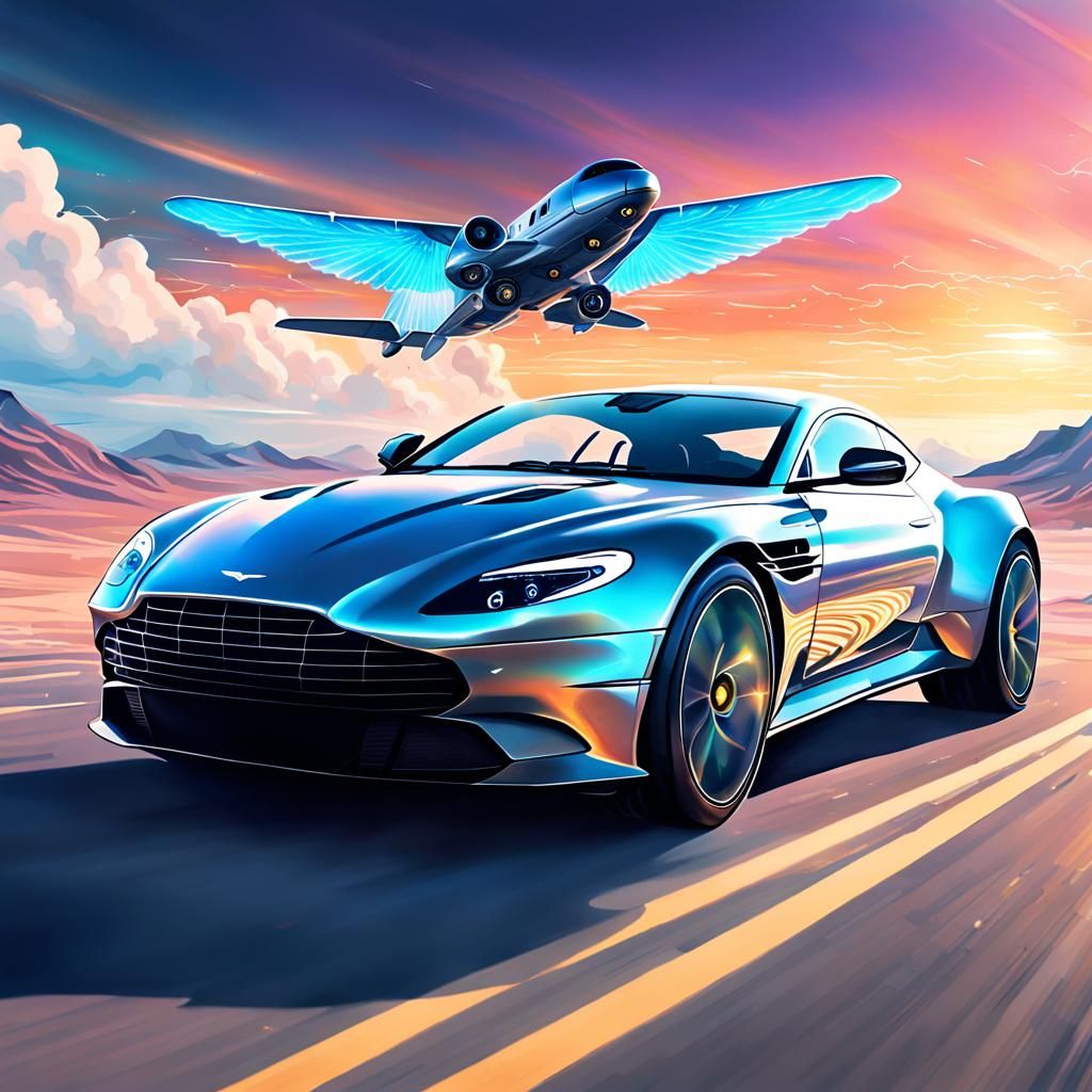 A modern james bond aston martin with a weird plane in the b...