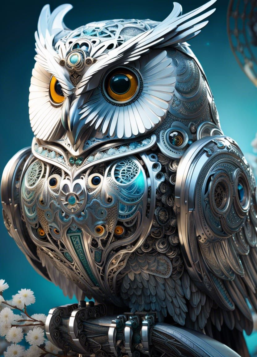 Silver Filigree Robot Snow Owl Masterpiece