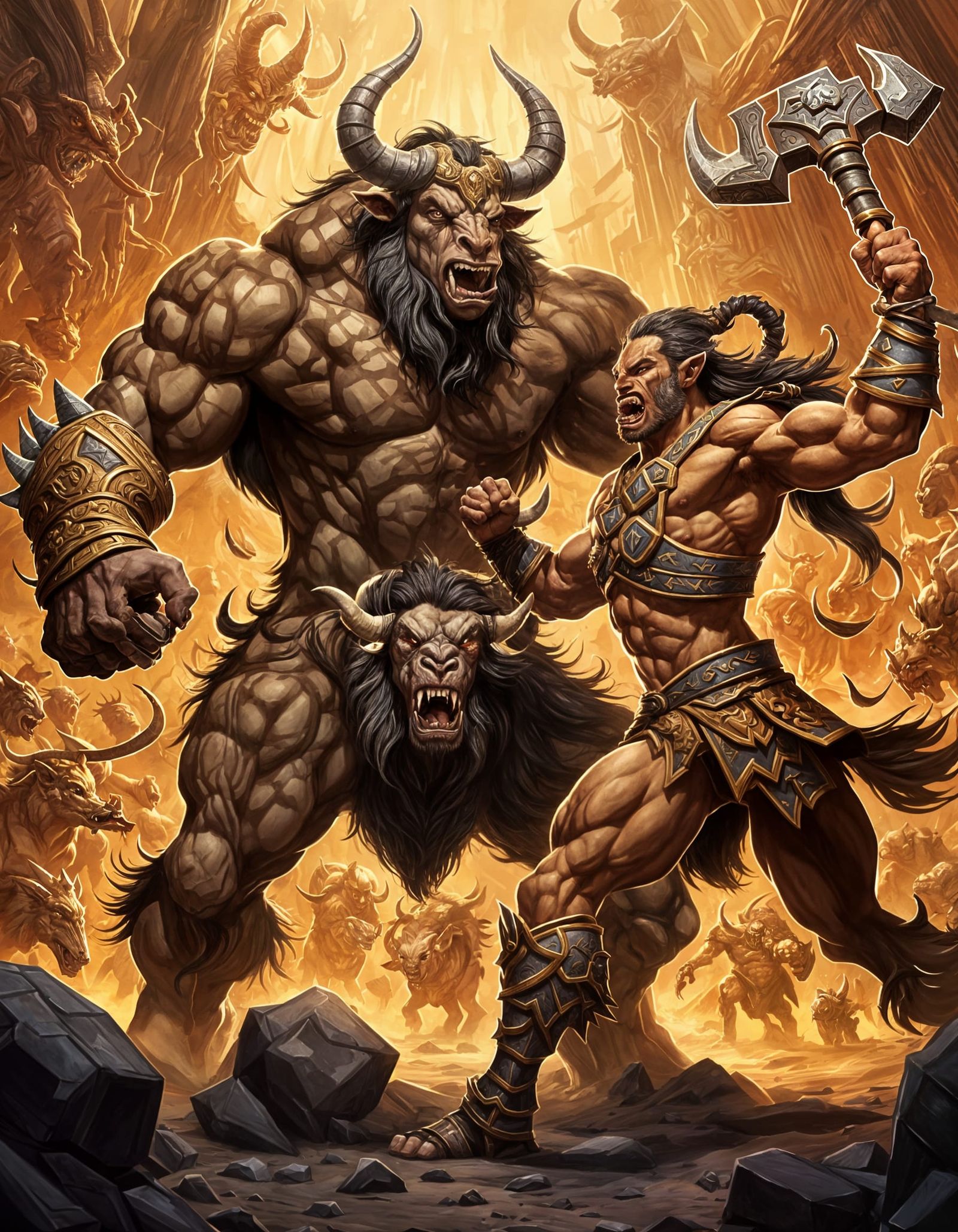 Epic Minotaur vs Centaur Battle in Game Art Style