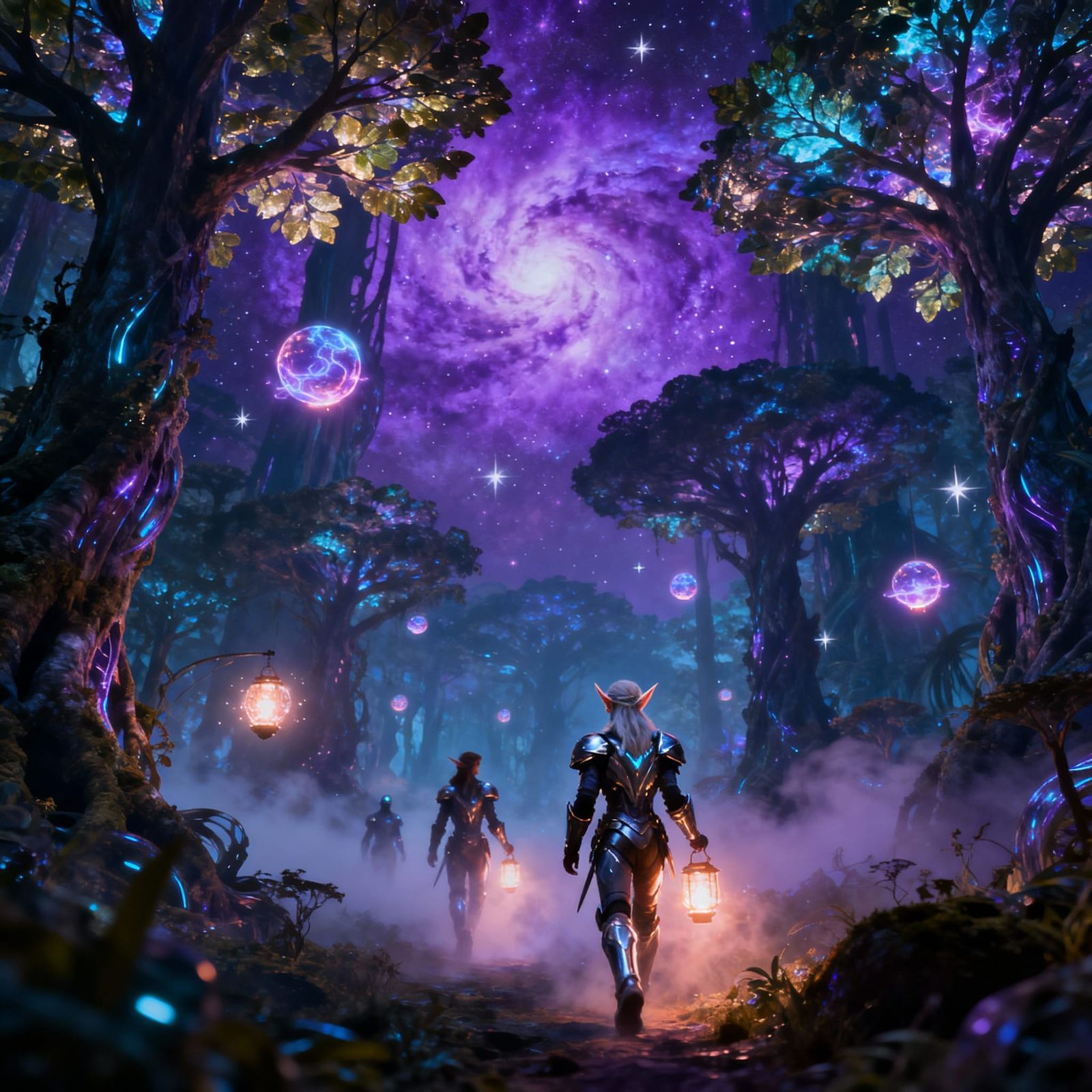 Alien Forest Under Violet Nebula with Elven Explorers