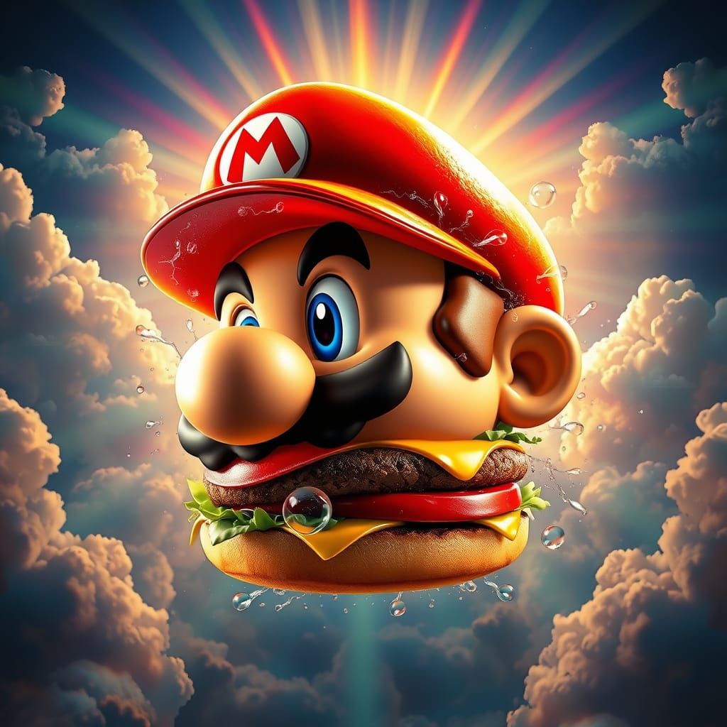 Hyperrealistic Mario Burger in Splash Art Style