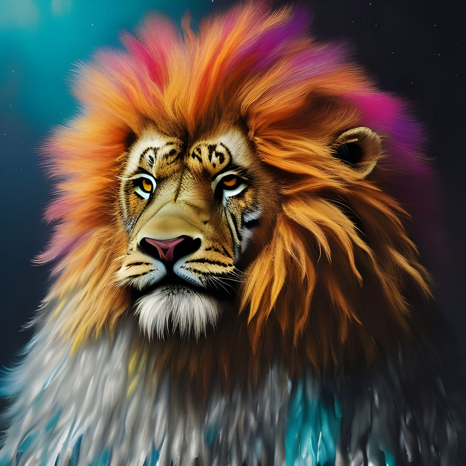 Tie-Dyed Lion Tiger Owl Portrait in Detailed Style