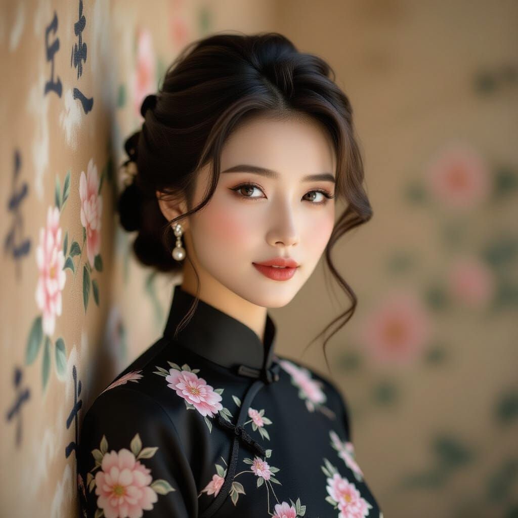 Elegant Chinese Woman in Traditional Dress, Oil Painting Sty...