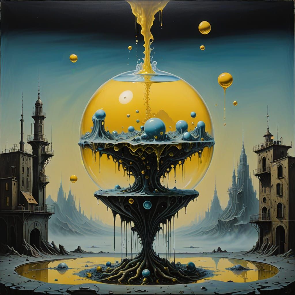 Surrealist Oil Painting of Noxious Liquid in a Worn Tank