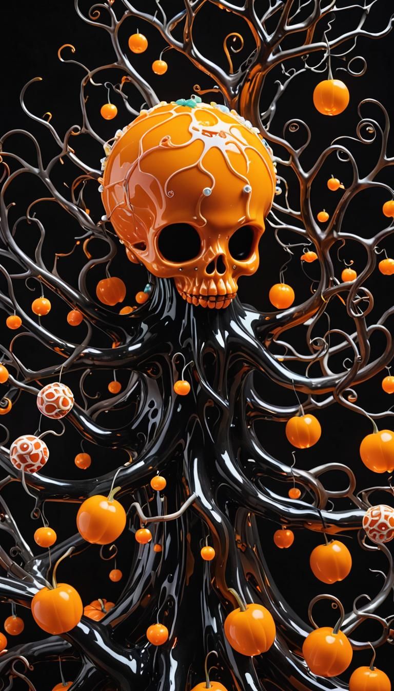Surreal Halloween Tree with Fairy in Folk Art Style