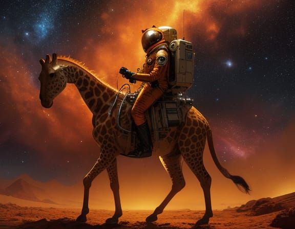 Spaceman Rides Giraffe Under Starry Sky