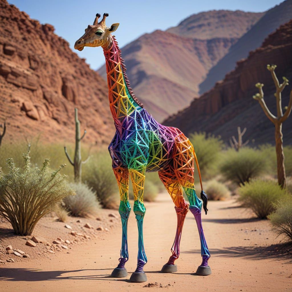 Rainbow Wire Giraffe Sculpture in Desert Setting