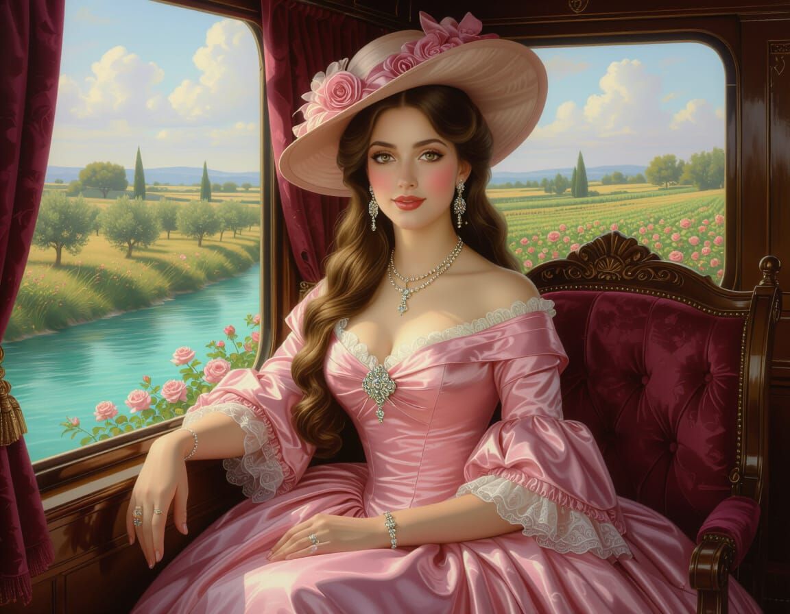 Victorian Princess in Train Compartment Oil Painting