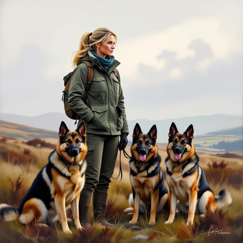 Woman with German Shepherds on Moor