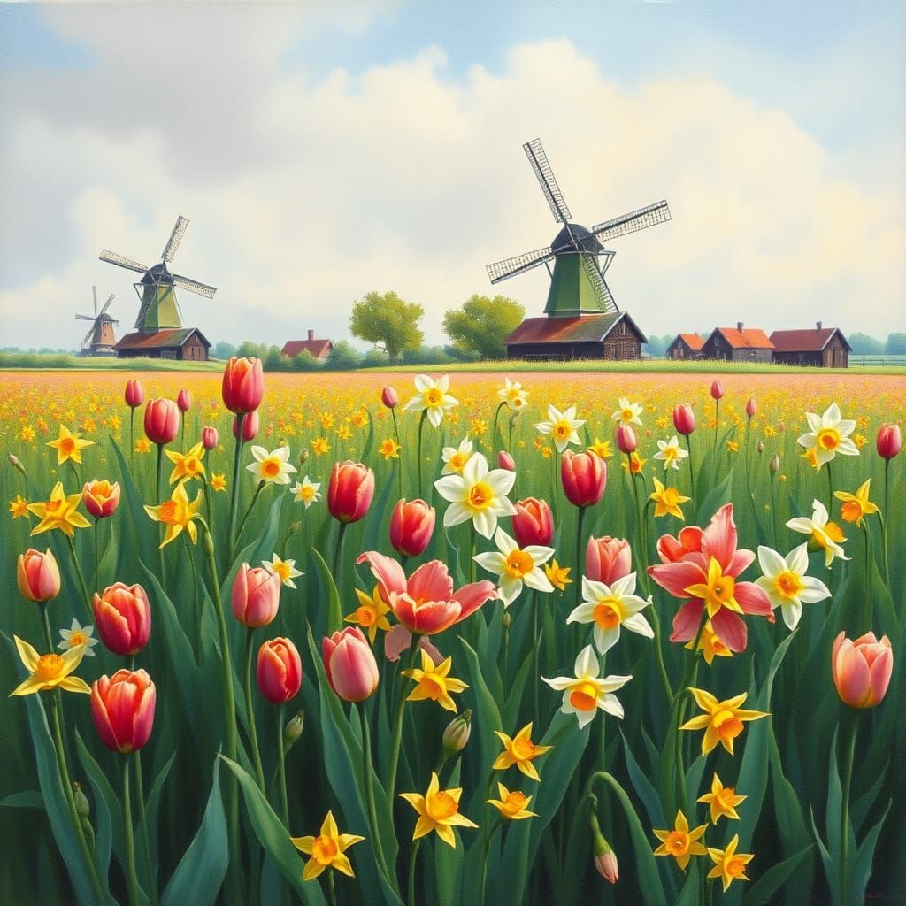 Vibrant Dutch Landscape with Tulips and Windmills