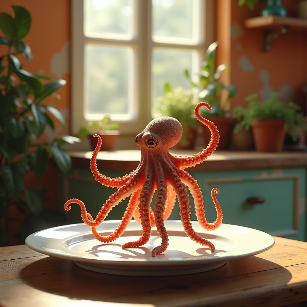 Dancing Octopus Miniature Figure on China Plate