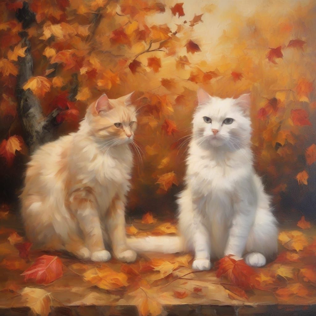 Romantic Autumn Date Night of Cats, Realism Oil Painting