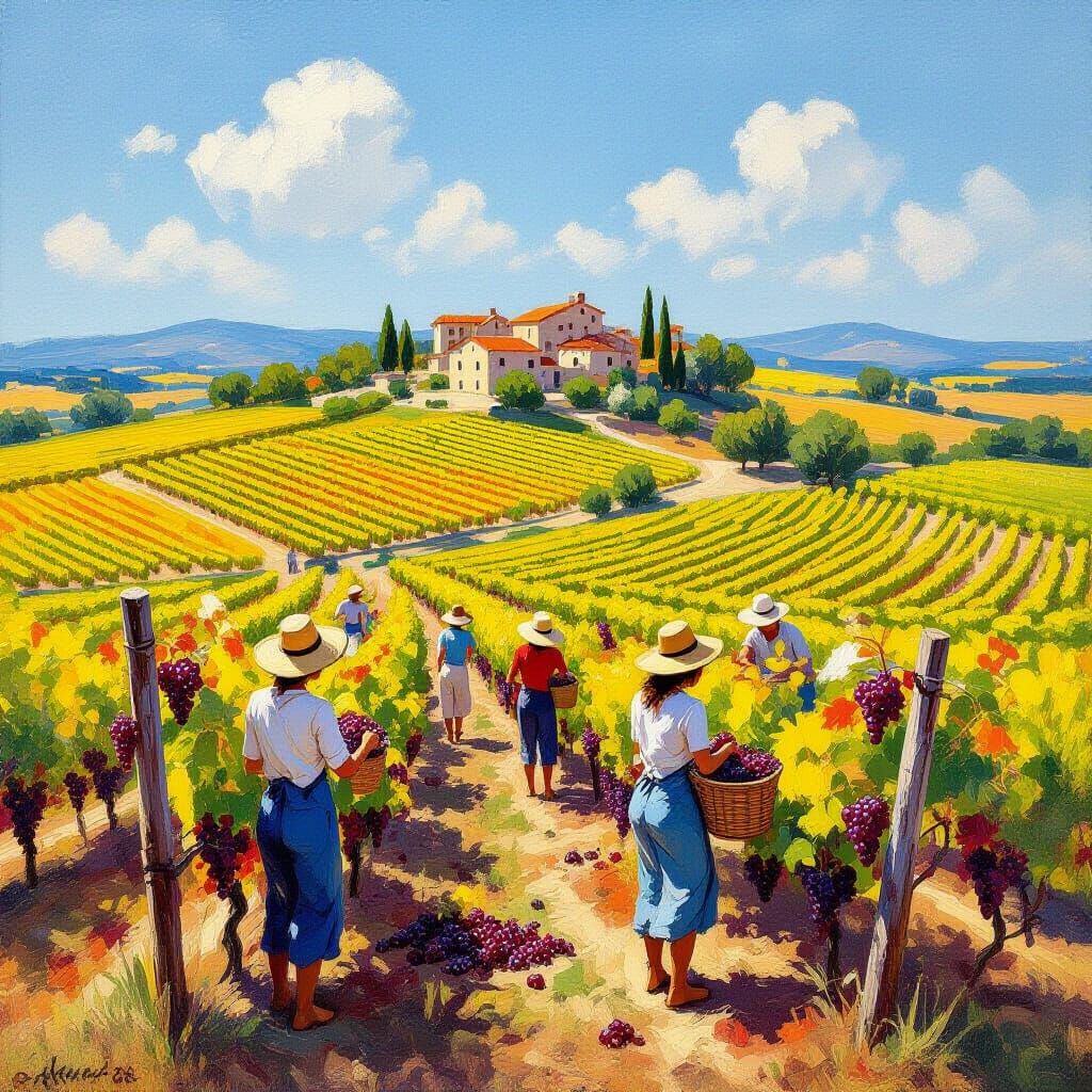 Grape Harvest in Sunny Vineyard - Impressionist Painting