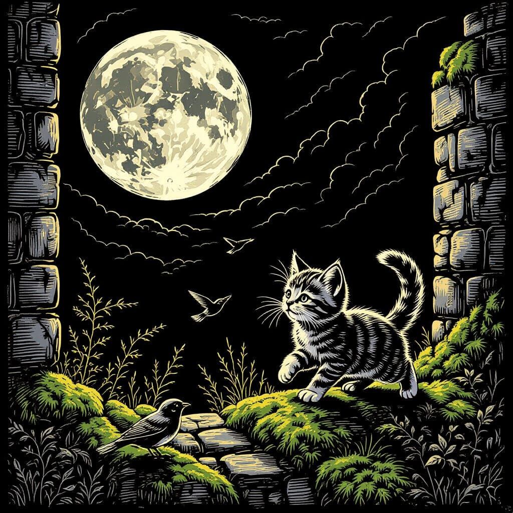 Woodcut Style Kitten Chasing Birds Under Spooky Full Moon