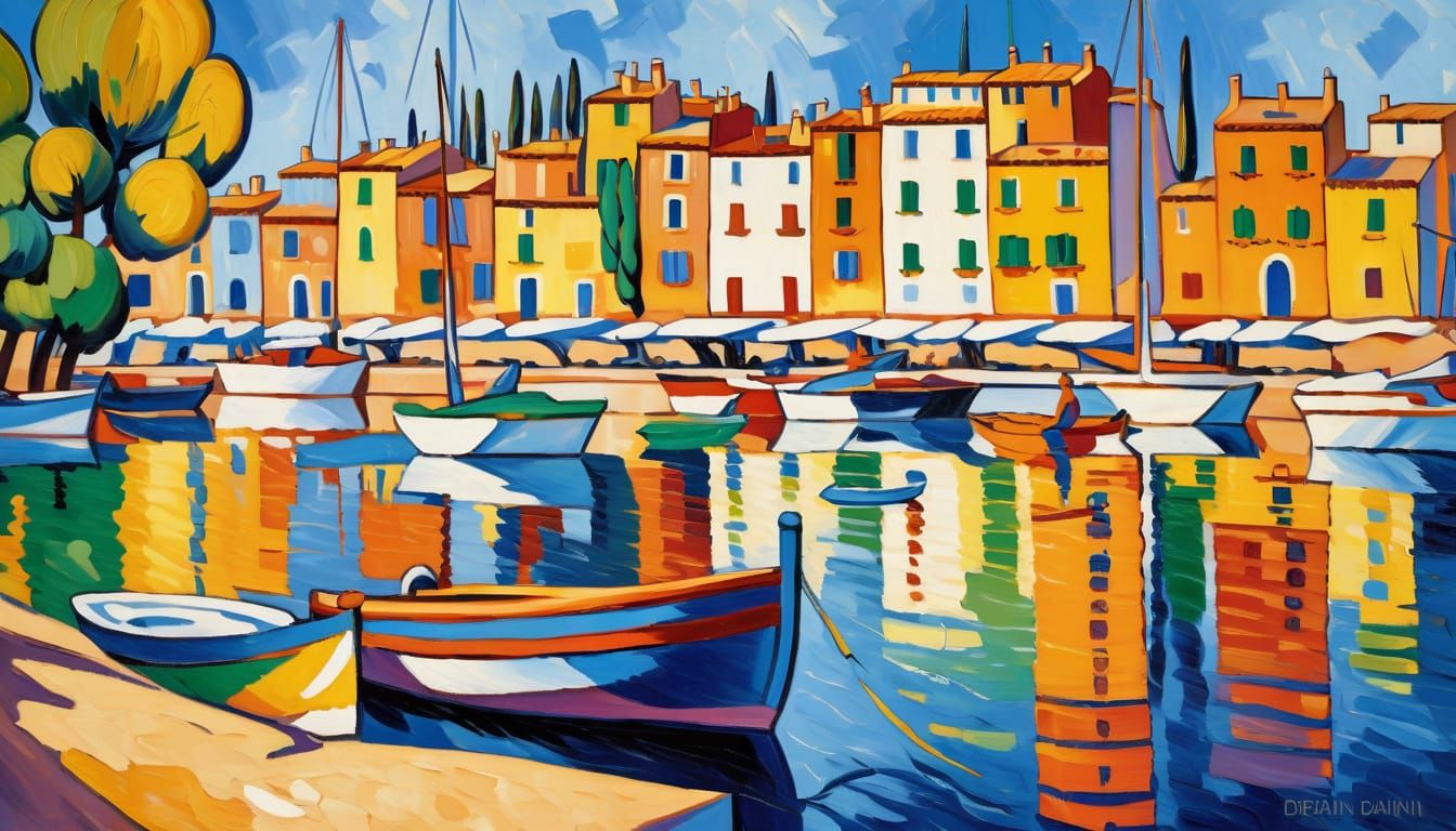 Fauvist Boats in Vibrant Harbor Scene