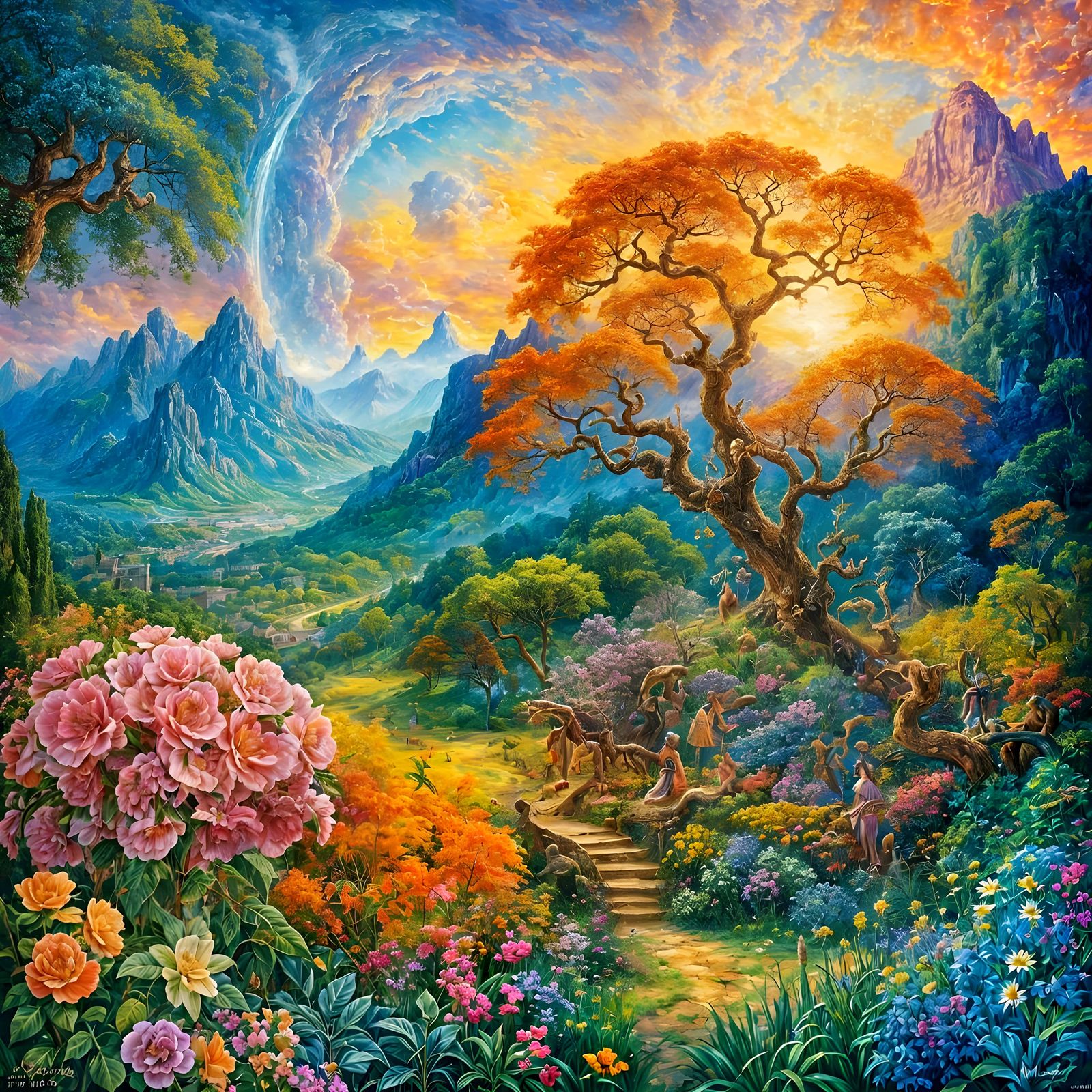 Ethereal Garden Paradise in Gouache Style