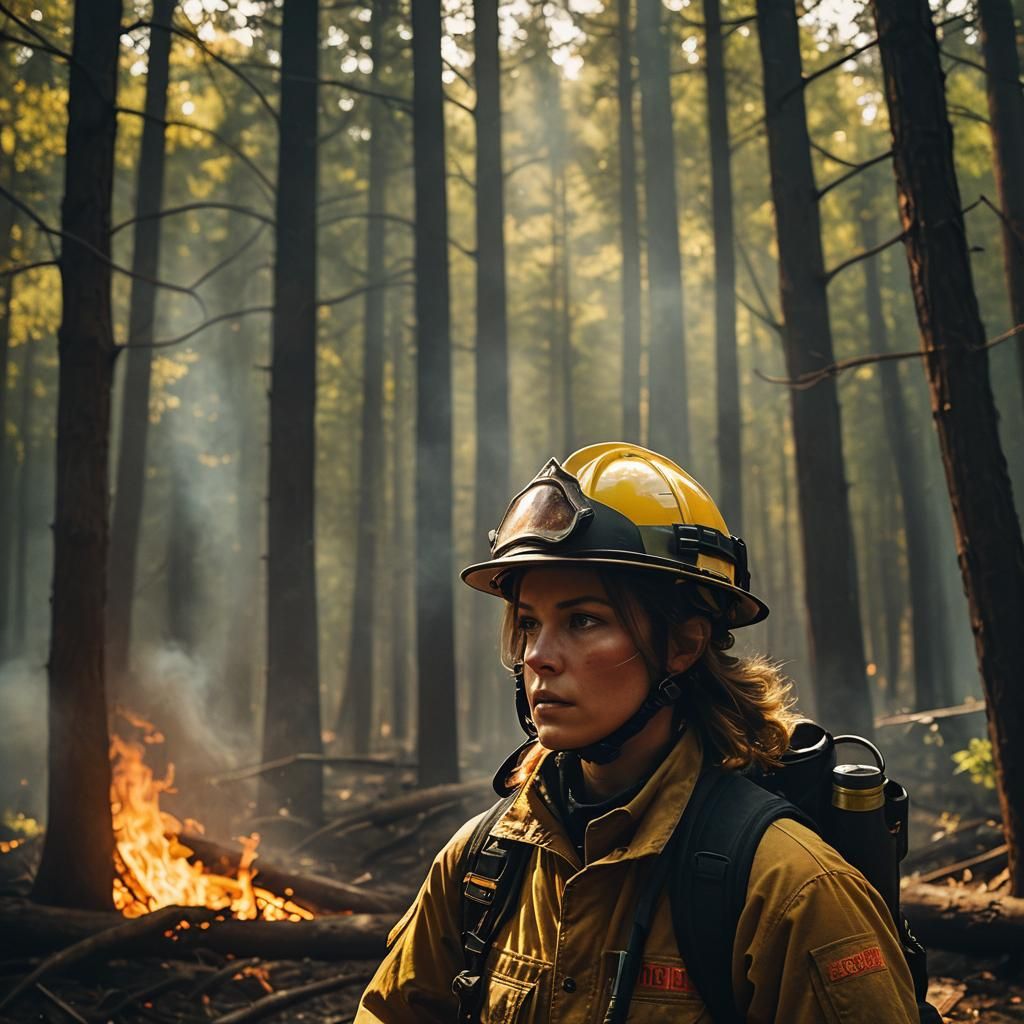Female Firefighter in Forest Blaze: Cinematic Film Still
