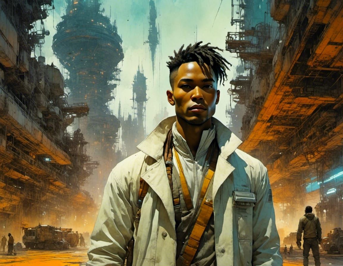 by <lora:Axis Comix:1.0> :: cyberpunk + atompunk :: hips-up ...