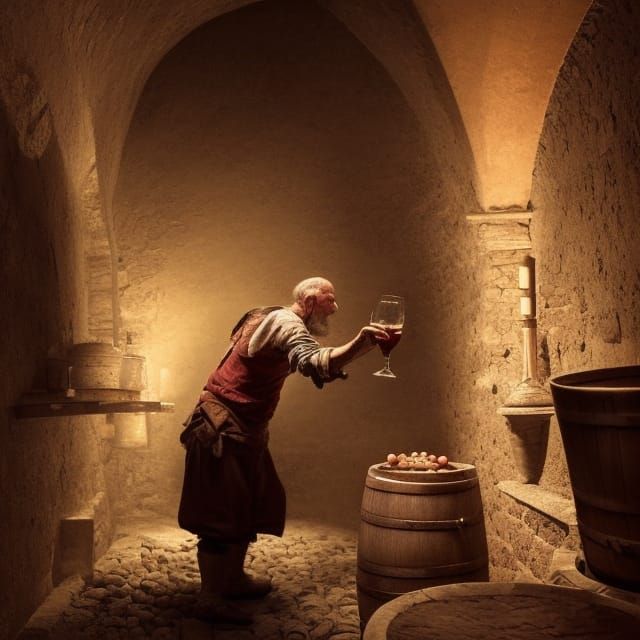 Ancient French Peasant Drinks Wine: Dark Fantasy Art