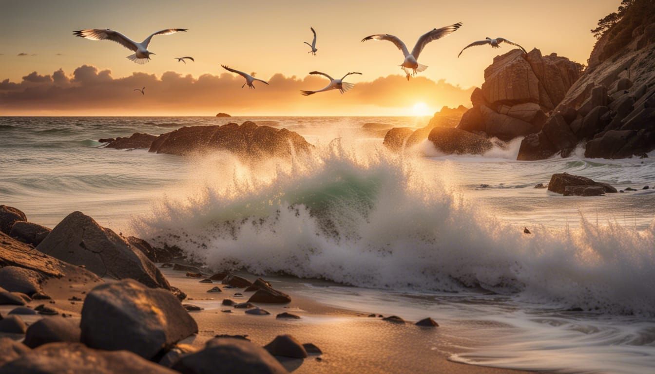 Ocean Wave Breaks on Rocky Beach at Sunset