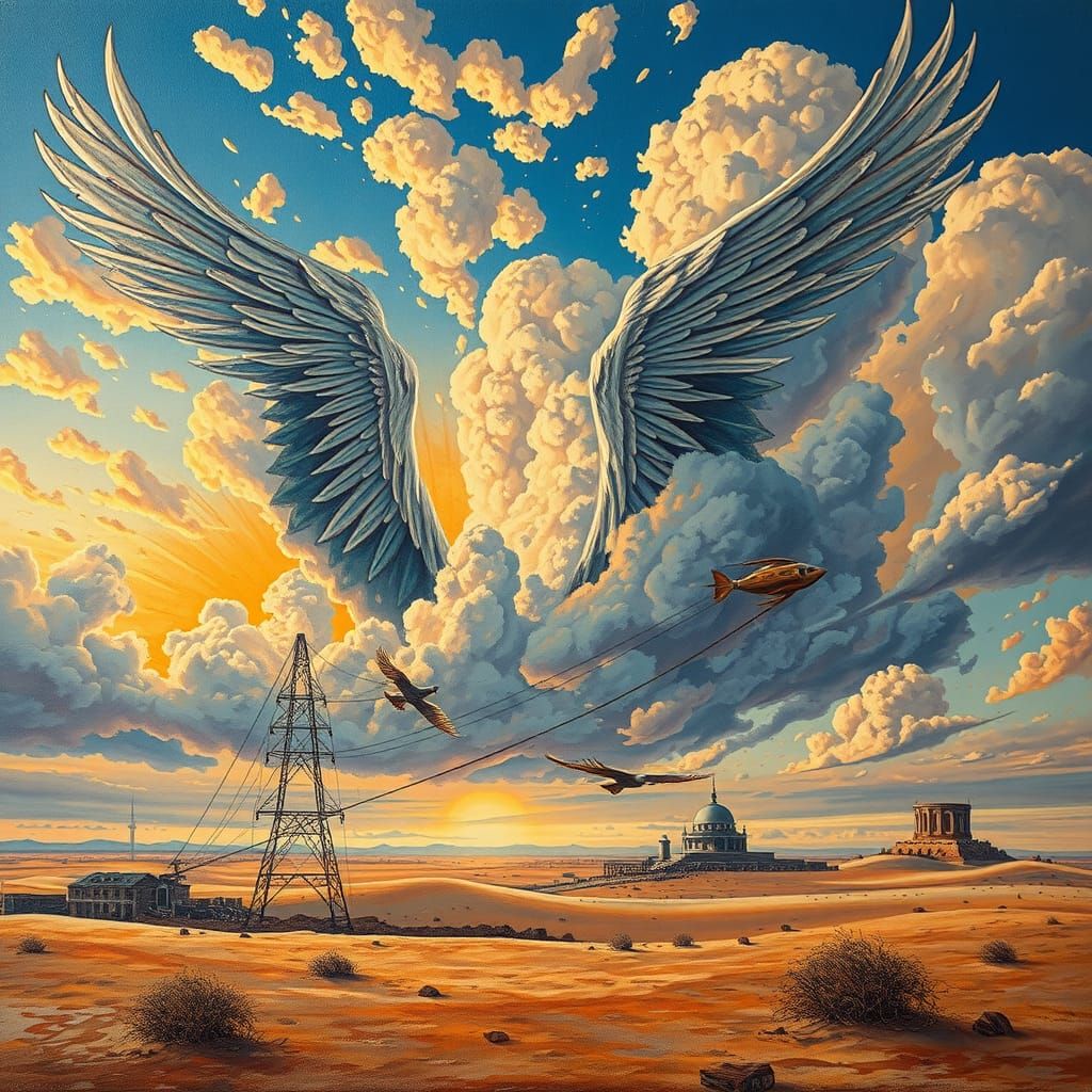 Feathered Sky: Dystopian Desert in Art Deco Style