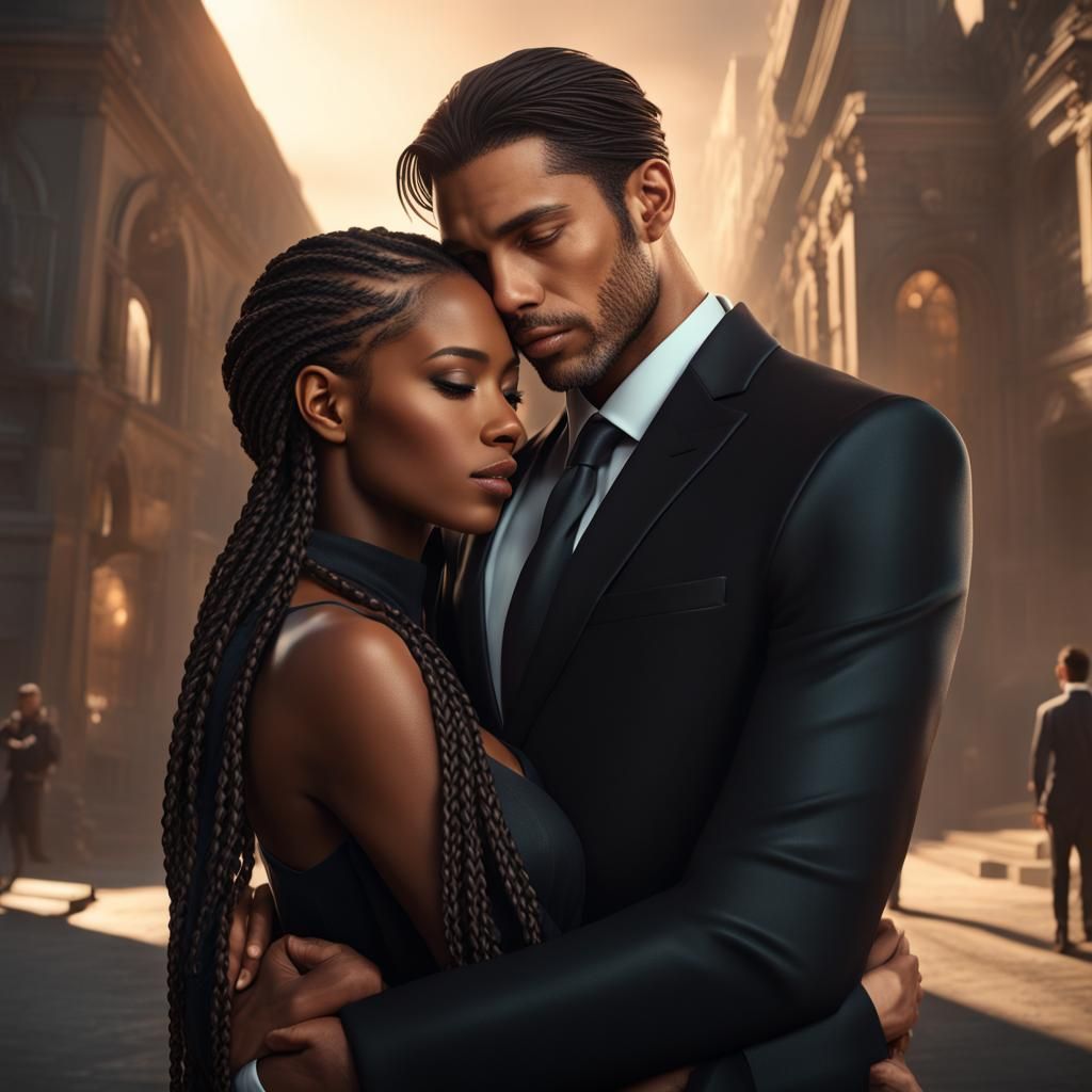 Woman with Braids Hugging Man: Fantasy Concept Art