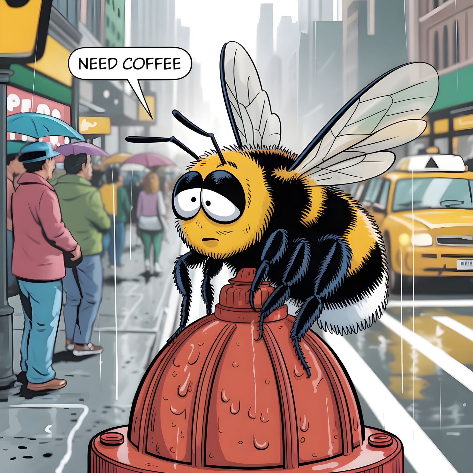 Exhausted Bee Needs Coffee Comic Illustration