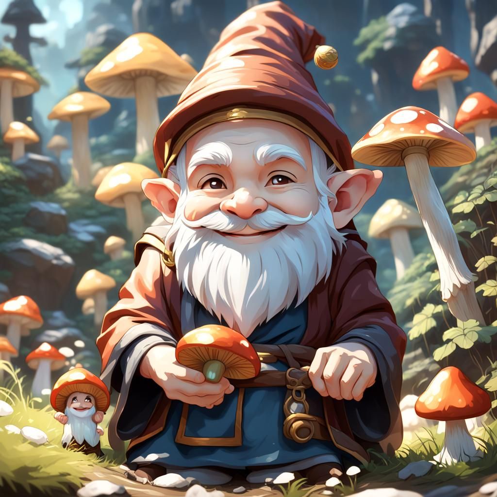 Cute Gnome Monk Holding Mushrooms in 3D Anime Art