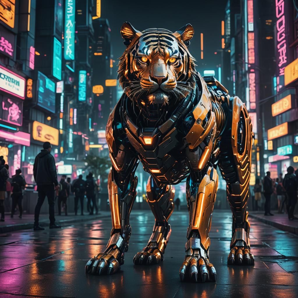 Cyberpunk Mechanical Tiger Guardian in City Park