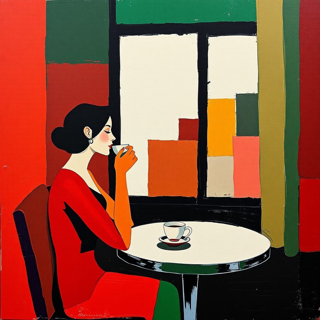 Woman Drinking Coffee in Cubist Style