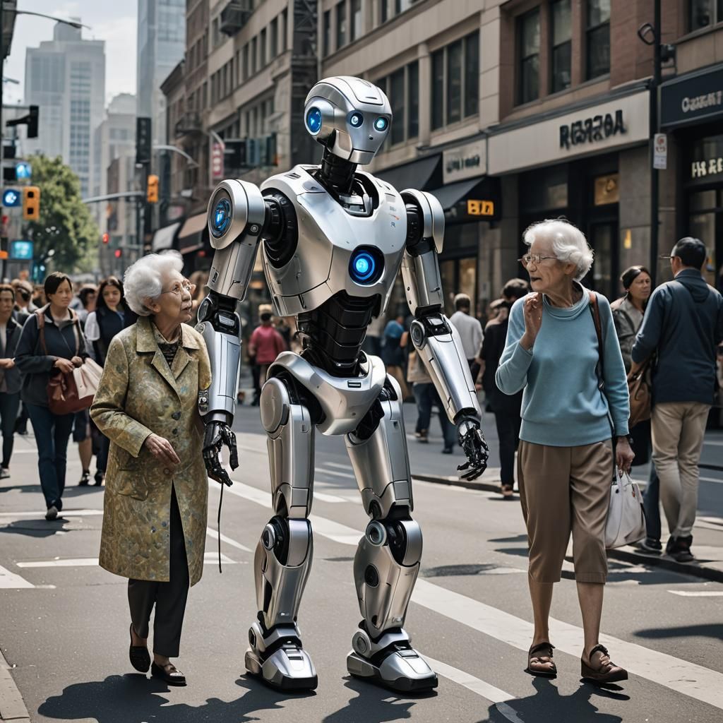 Robot Helps Elderly Woman in Busy Cityscape